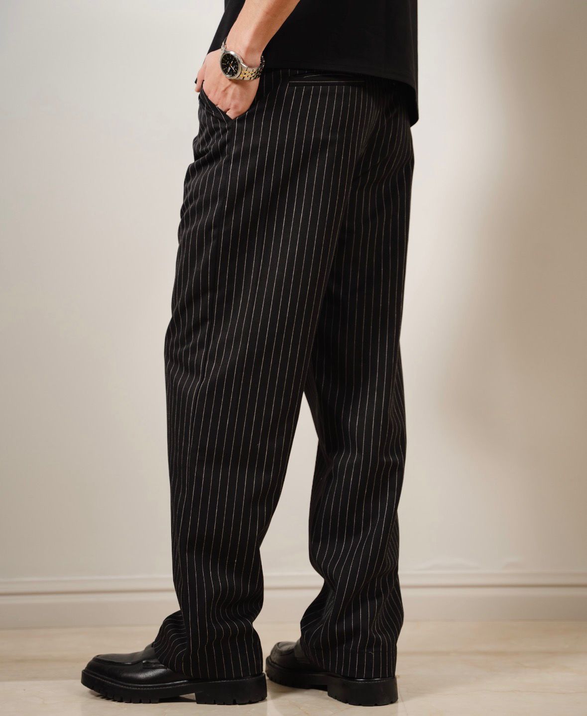 Men Stripe Black Pants