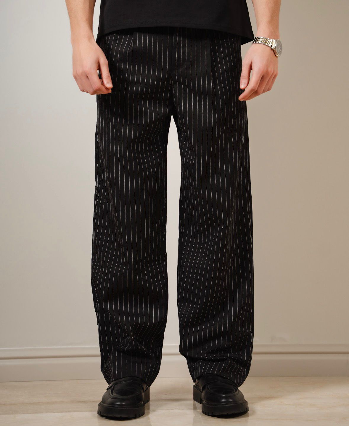 Men Stripe Black Pants