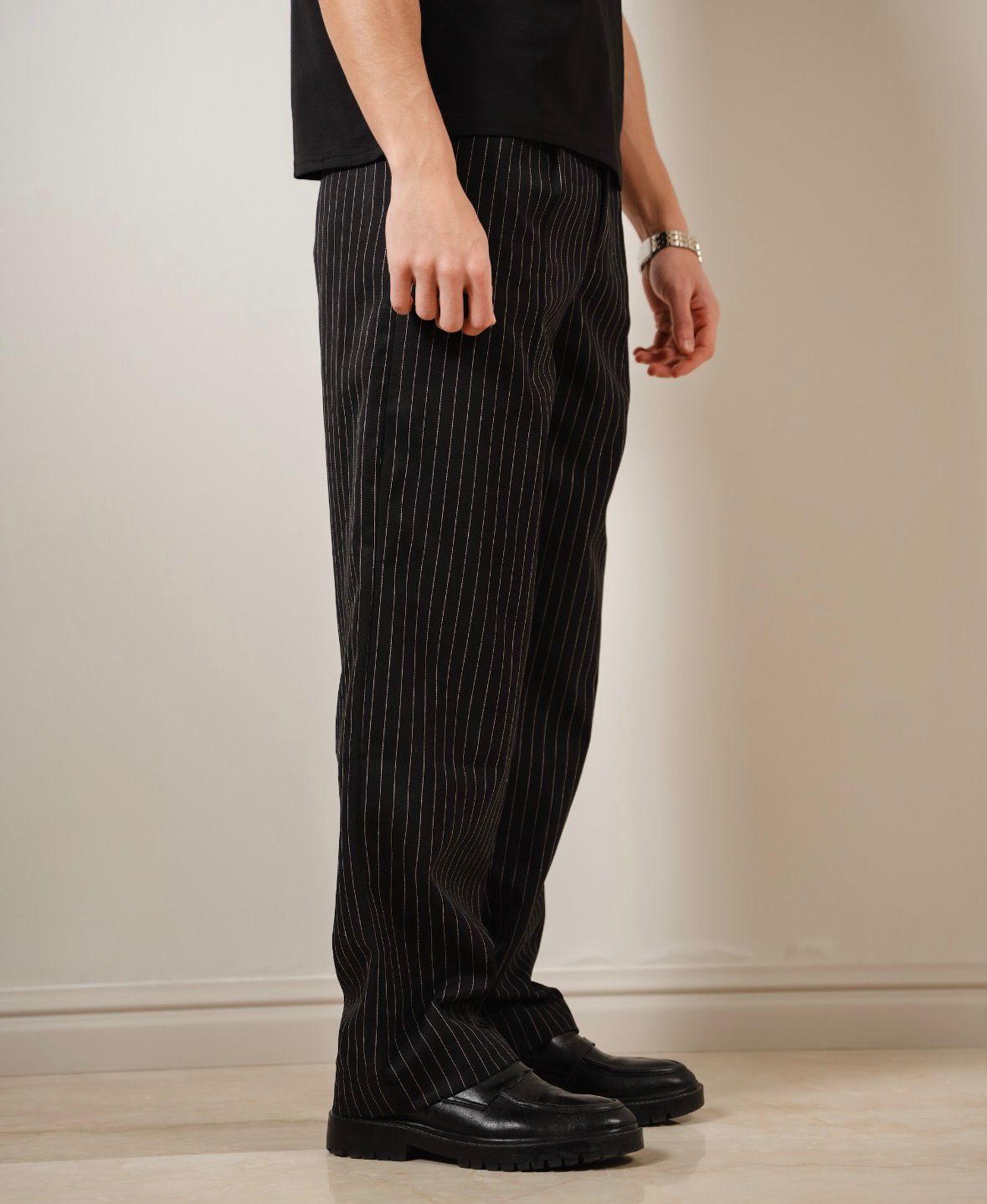 Men Stripe Black Pants